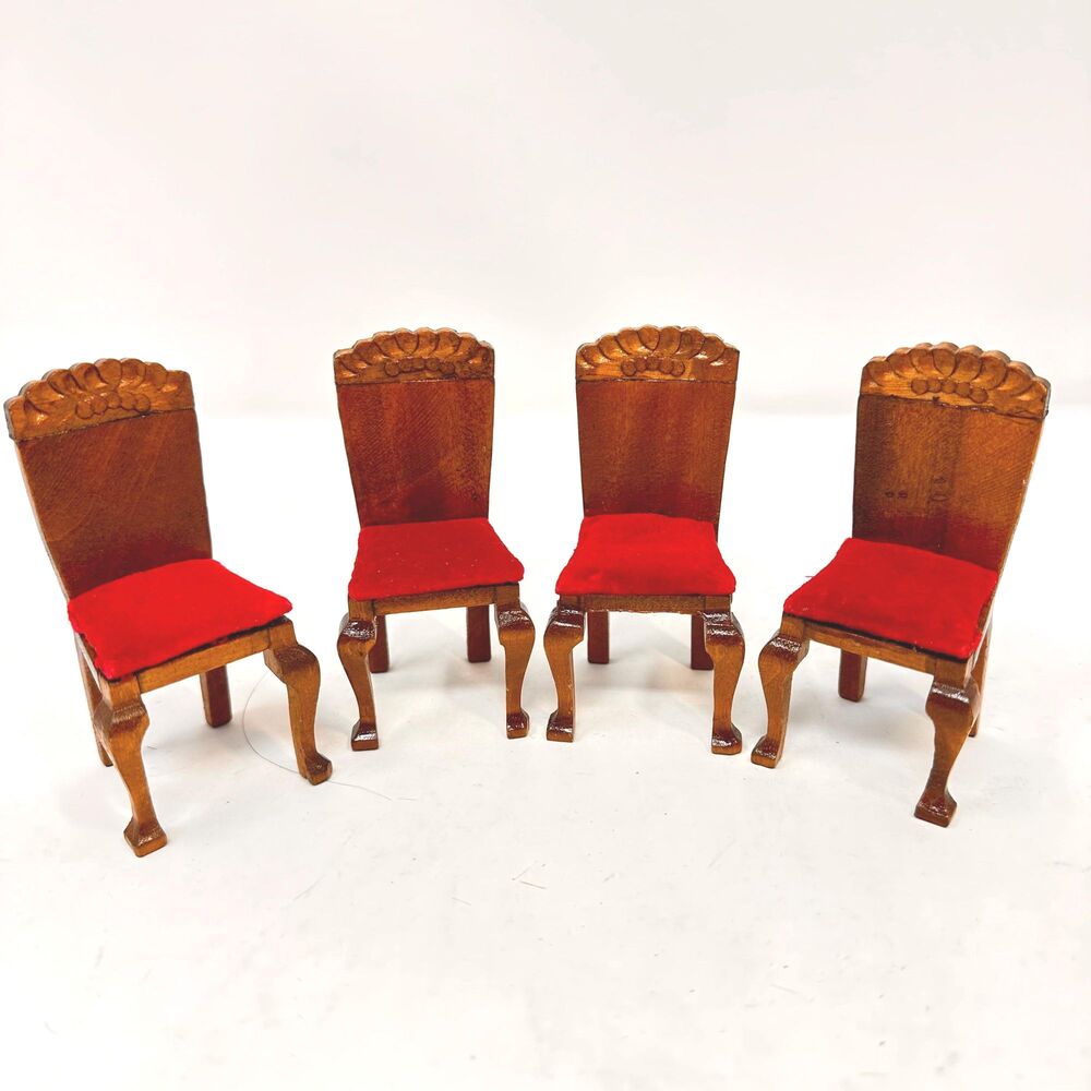 Vtg 1:12 Dollhouse Miniature Wood Dining Chairs Red Velvet Upholstery Set of 4